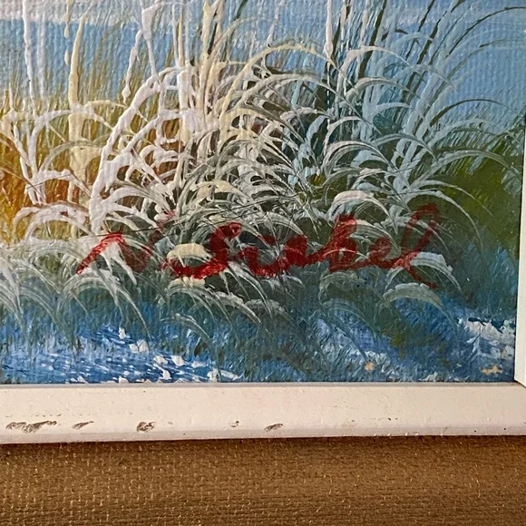 Lighthouse Beach Oil Painting MCM Oil on Canvas 1960s Retro Seagulls N Siebel - Picture 4 of 15